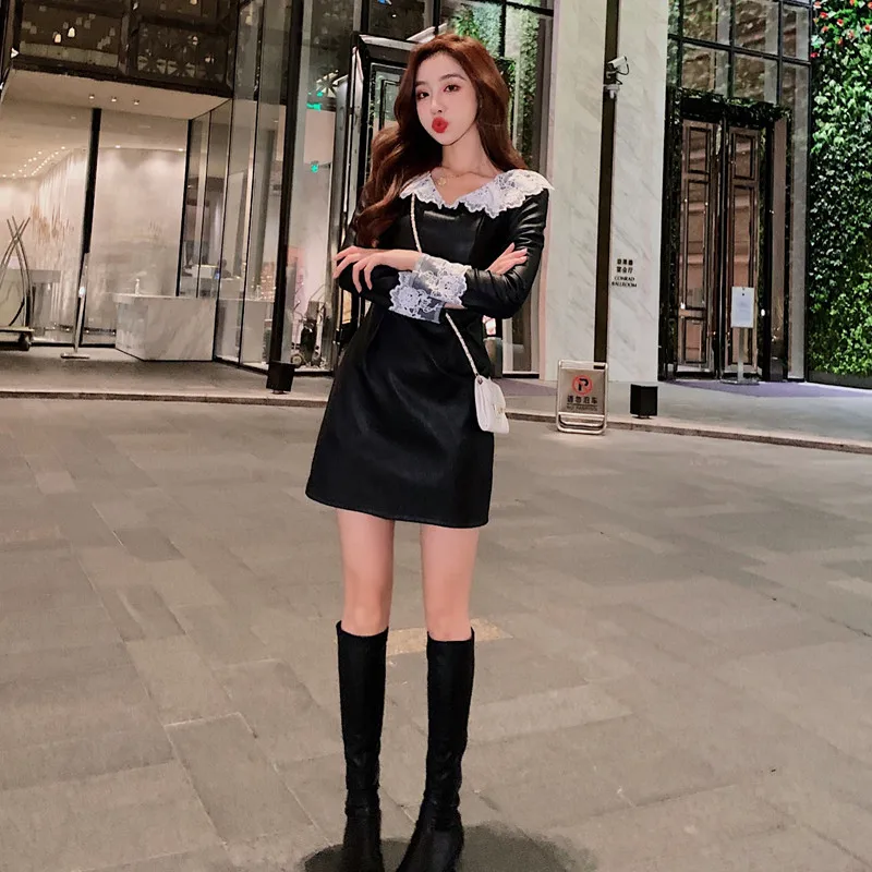 

Dresses Black Long Sleeve 2020 Autumn/winter New Lace Splicing PU Leather Slim Women Dress Party Synthetic Leather Dress 897H