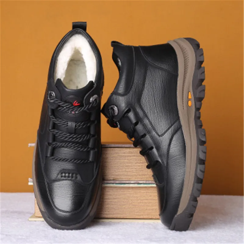 Мужские кожаные ботинки со шнуровкой Черные Теплые ботильоны с плюшевой