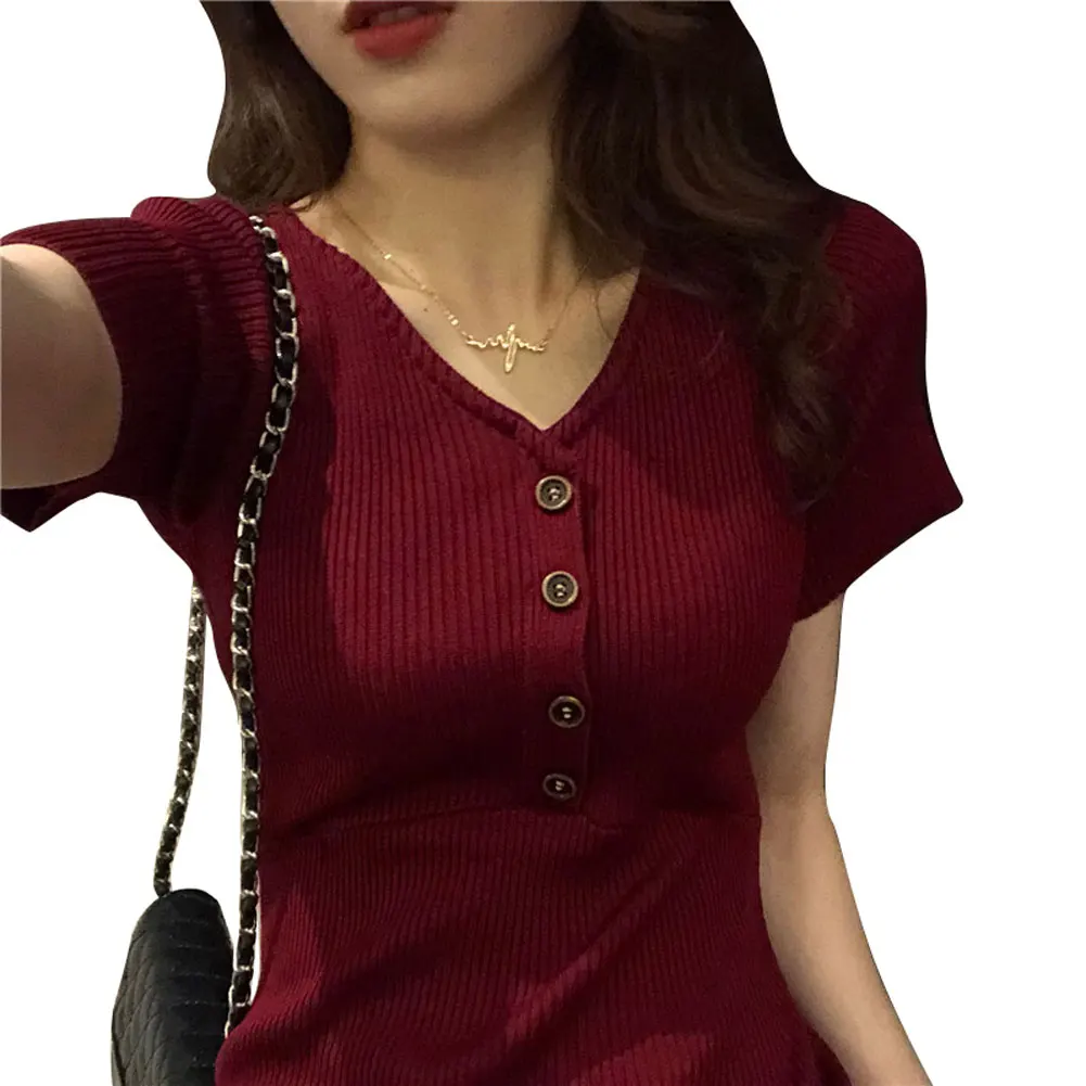 

Women Short Sleeve V-neck Knit Dress Ladies Summer Fashion Solid Color Slim Dresses