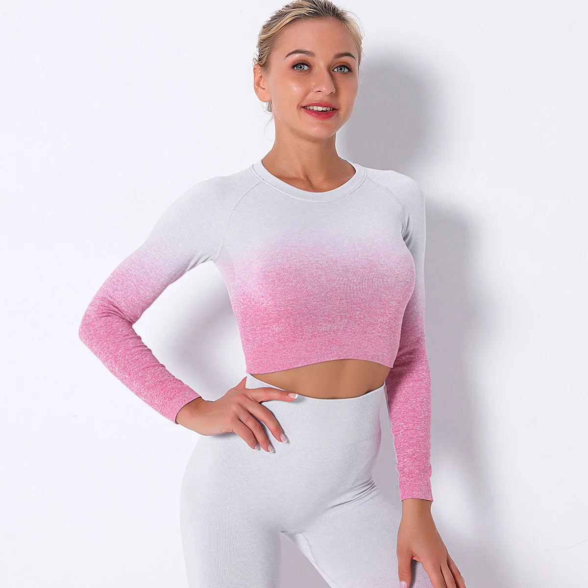 

Seamless knitted hang-dye gradient yoga wear long-sleeved T-shirt hang-dye gradient elastic sports fitness wear