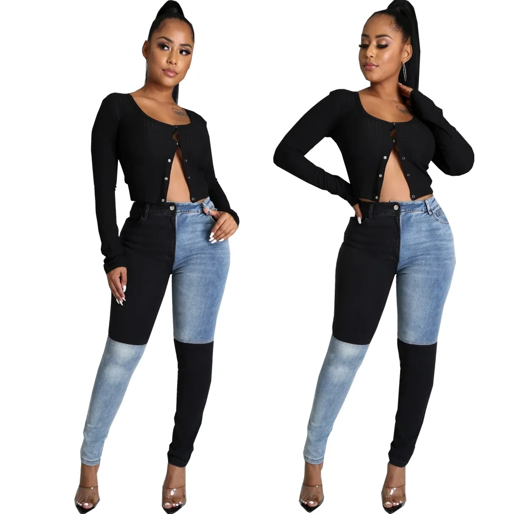 Фото - 2022 New Women's Fashion Slim Black And Blue Splicing Denim High Waist Jeans Pencil Pants Streetwear compatible new black and blue spindle