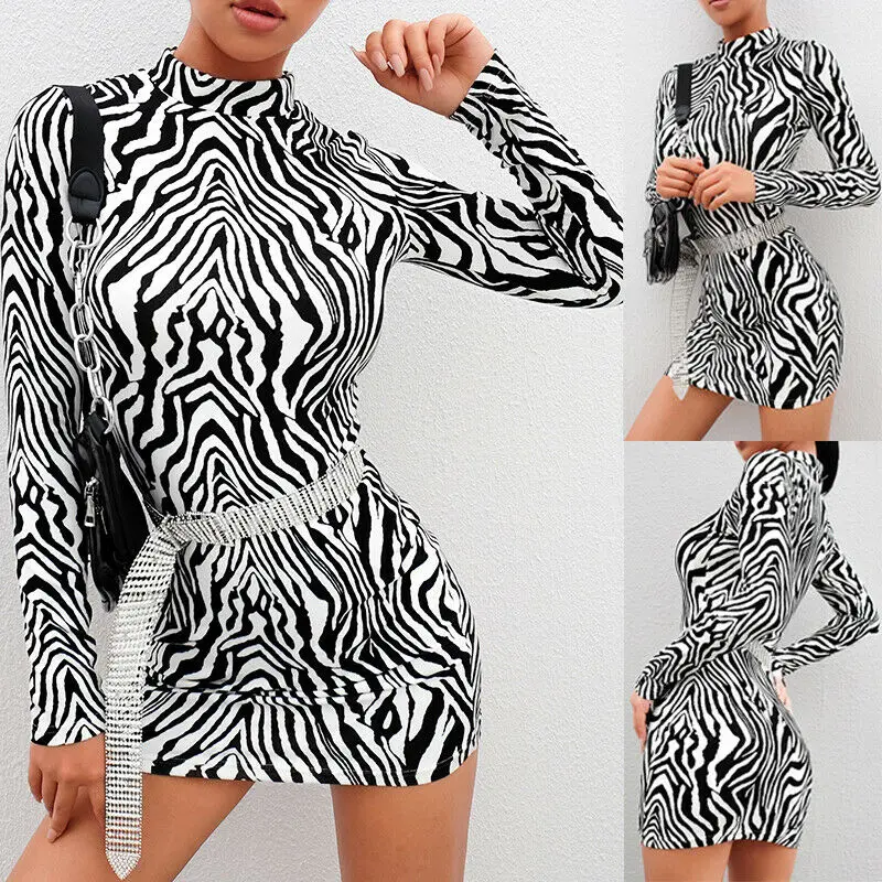 

Sexy Zebra Striped Dress Women Bodycon Long Sleeve Clubwear Print Turtleneck Slim Dress Evening Party Mini Pencil Dress