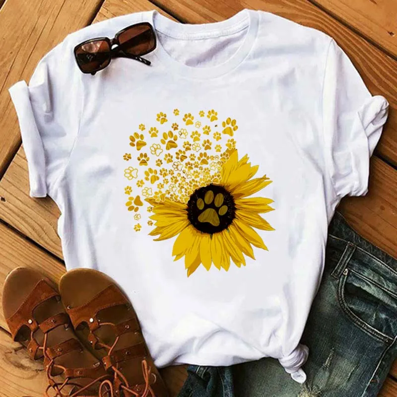 

2021 Women Sunflower Dog Paw Cute Foot Floral T Shirts Fashion Graphic Printed Woman Harajuku Punk Tops Tees Shirt T Female