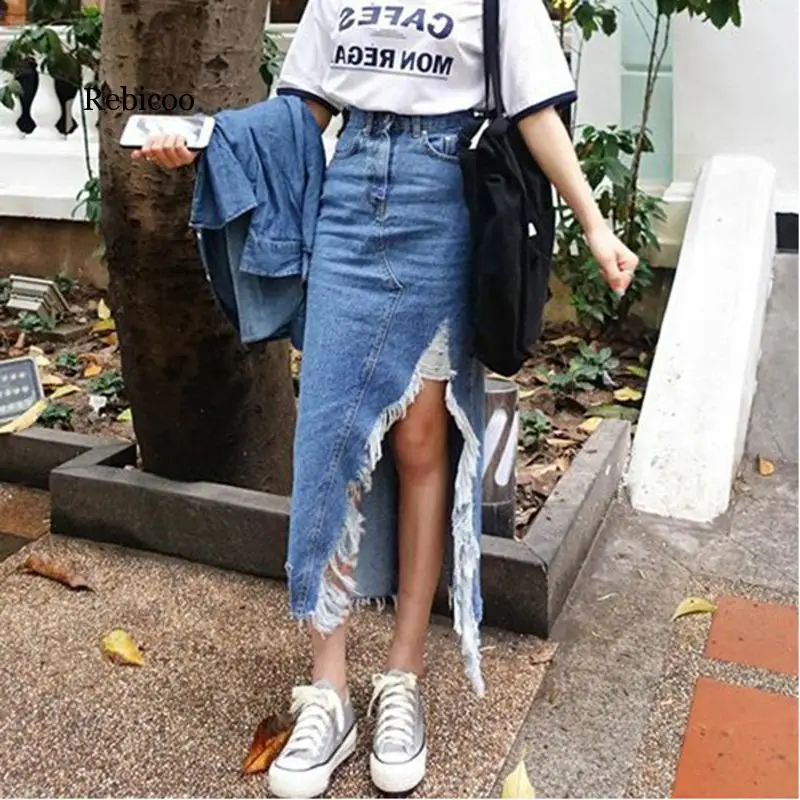 

Spring Autumn New Pattern Hight Waist Denim Patchwork Pockets Asymmetrical High Street