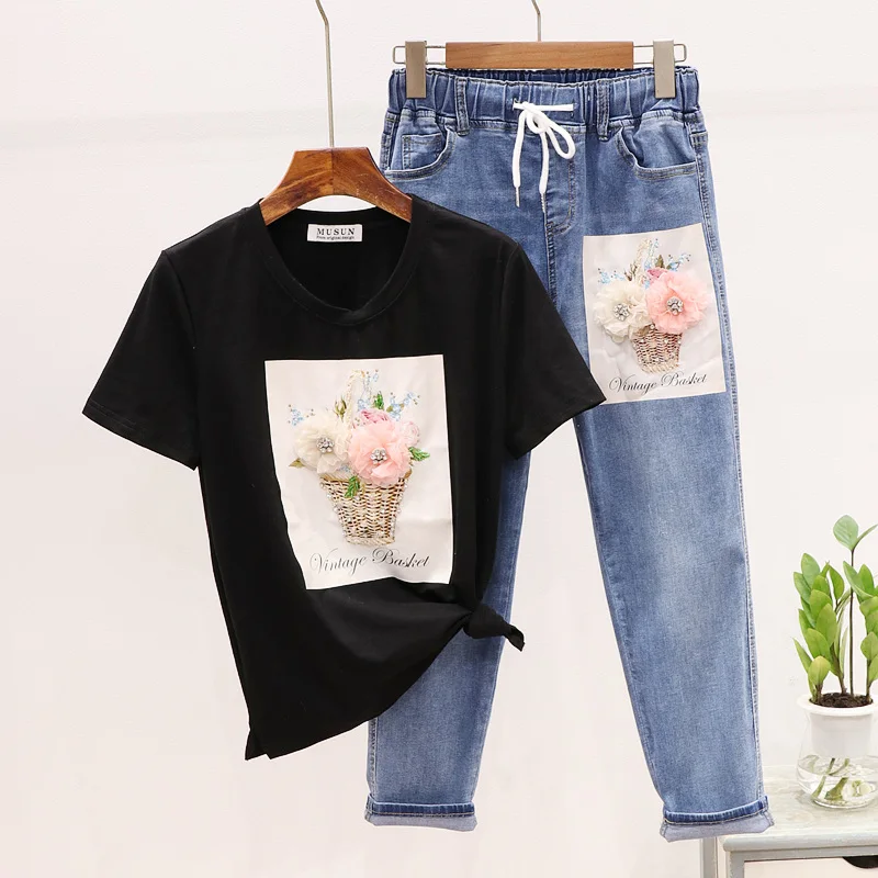 Летняя женская хлопковая Футболка с аппликацией из бисера + джинсовые штаны