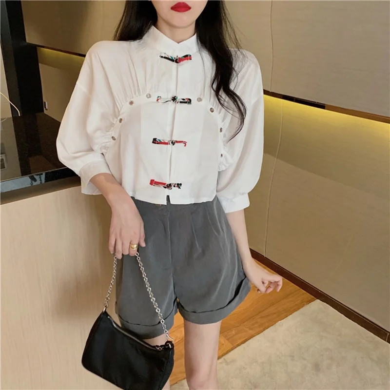 Женский укороченный топ с пышными рукавами костюм Тан в китайском стиле белая