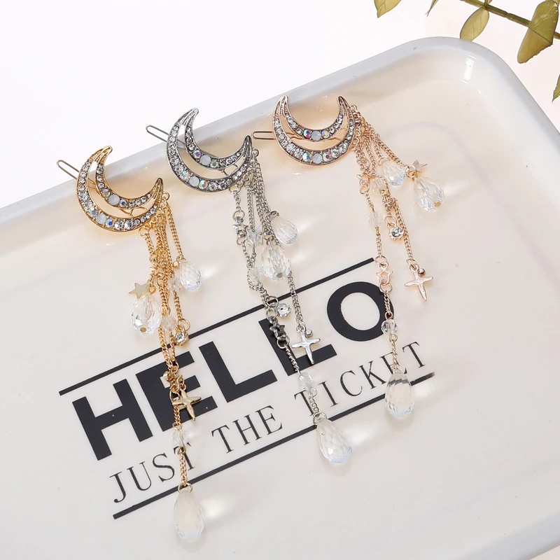 

Moon Tassel Crystal Hairpin Crescents Tassel Hairpin European and American Fashion Hair Accessories LXH