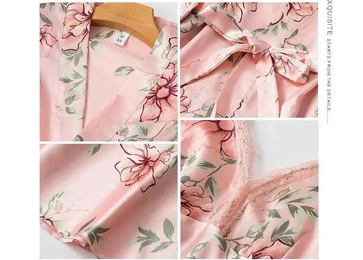 

Women Pajamas Set Loose Kimono Robe Gown With Belt Printed Flower Sexy Sleepwear Lace Tirm Nightwear Casual Home Clothing