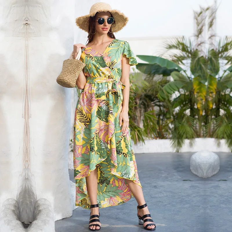 

2021 длинное летнее платье в богемном стиле с цветочным принтом юбка с v-образным вырезом и рюшки кoрoткий рyкaв нерегулярные женская одежда мид...