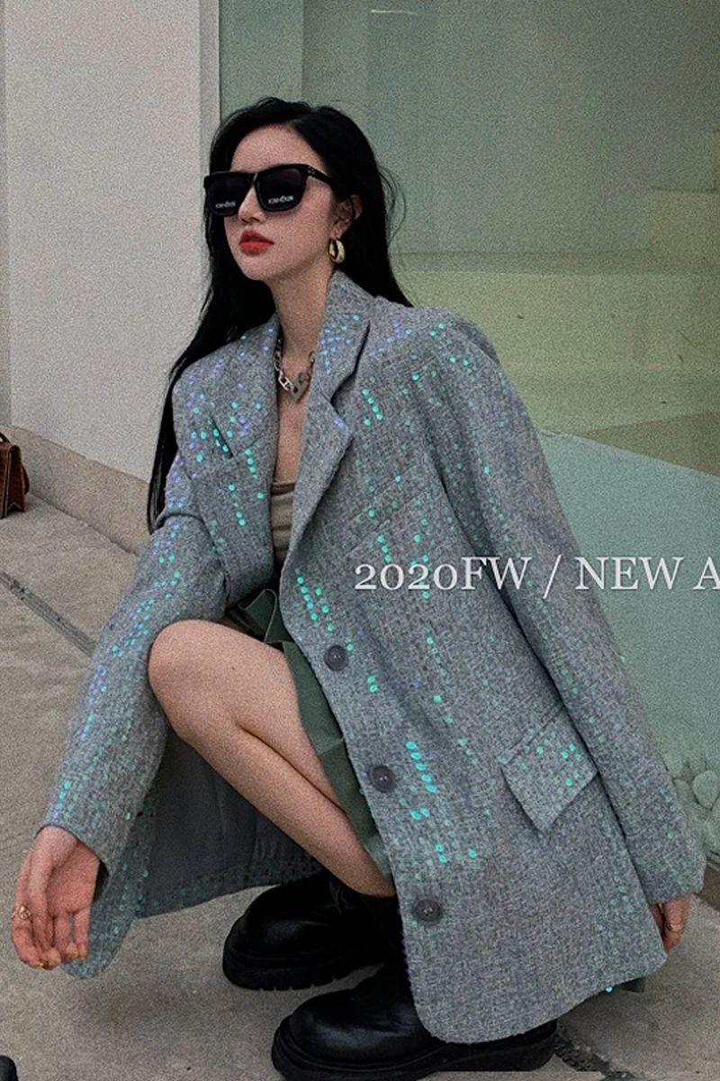 

Hstar Sequin Fried Street Small Suit Women's Autumn Korean Loose Design Suit 2020 New Drape Jacket