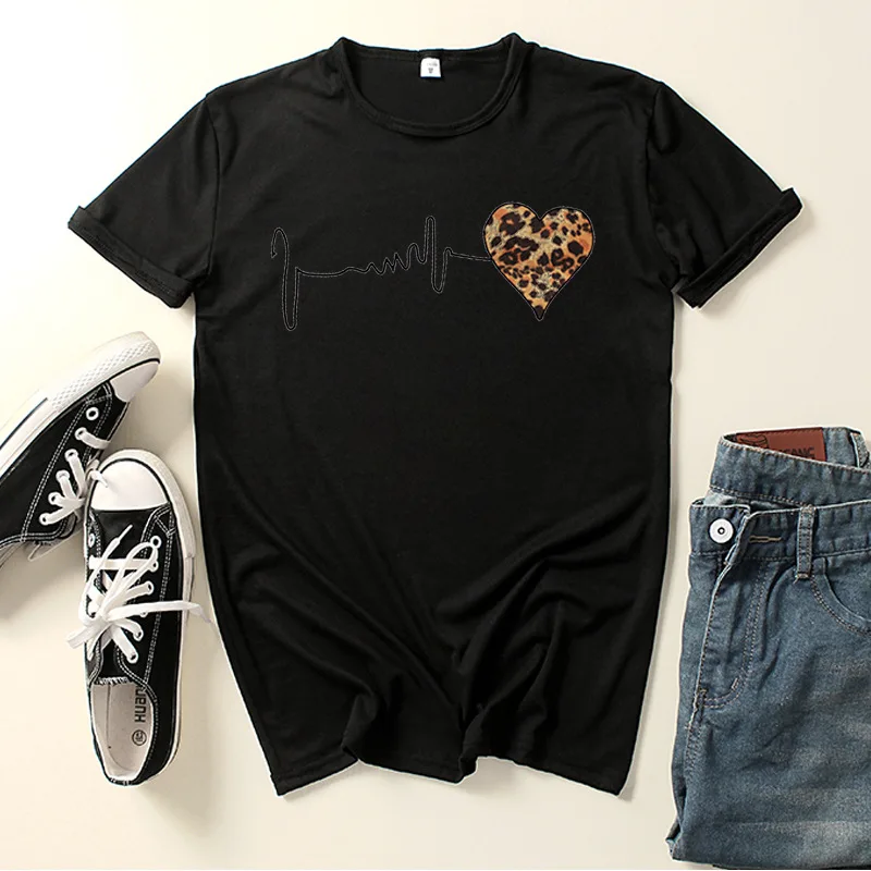 

Lepoard Heart Love Print Women T Shirt Short Sleeve O Neck Loose Women Tshirt Ladies Tee Shirt Tops Clothes Camisetas Mujer