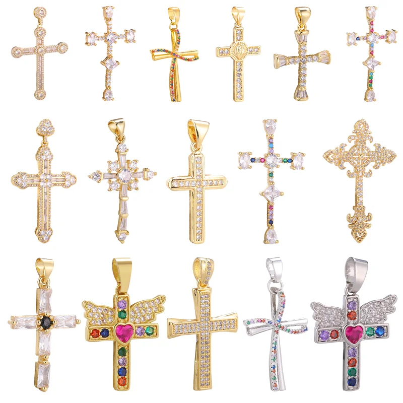 

Juya DIY Cubic Zirconia Gold Luxury Christian Cross Necklace Charms For Handmade Prayer Rosary Pendant Religious Jewelry Making