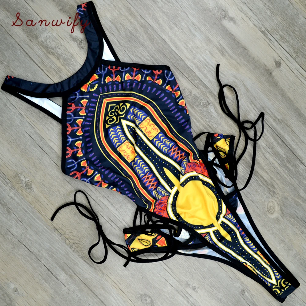 

2019 Dashiki Print Piece Swimsuit Women High Leg Cut Swimwear Thong Bathing Suit