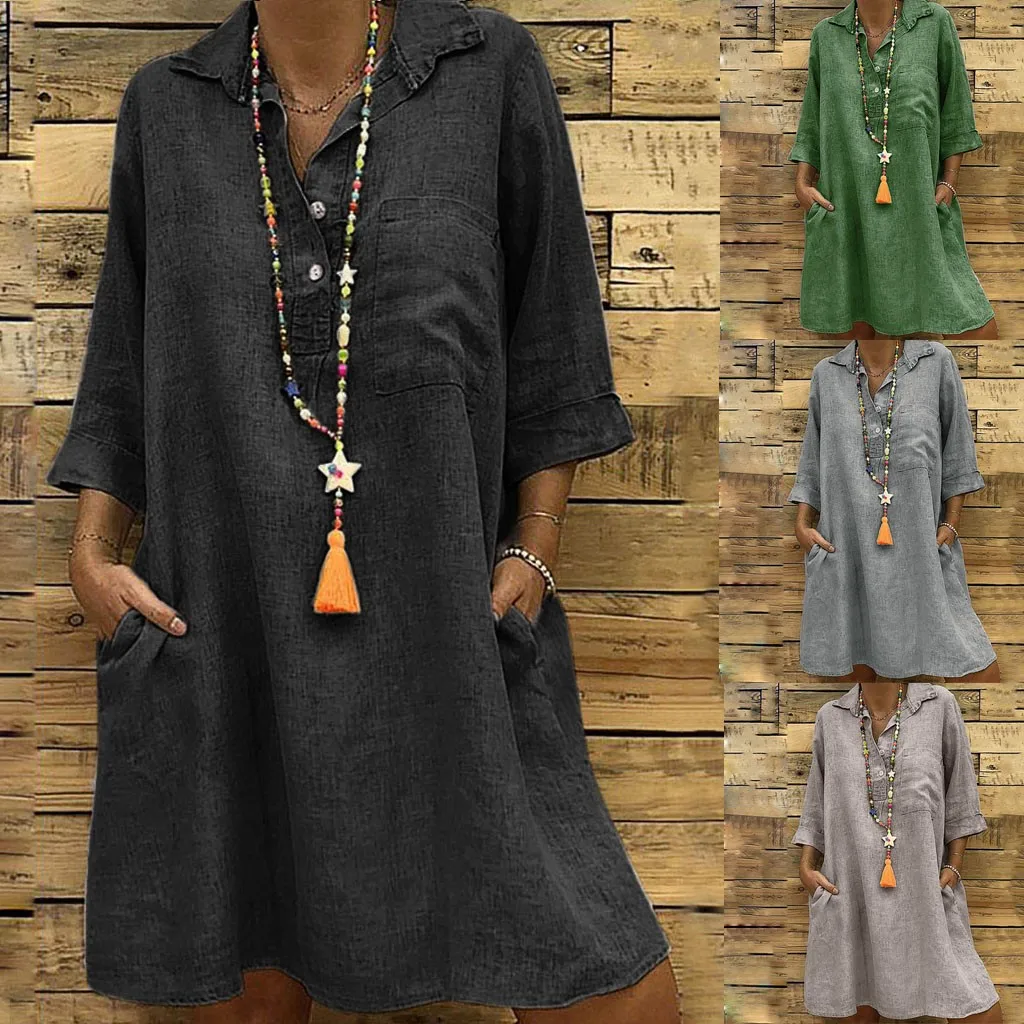 

Large Plus Size !!Best Sale 2020 Women's Solid Boho Turn-down Collar Dress 3/4 Sleeve Casual Pocket Button Dress Vestido @6