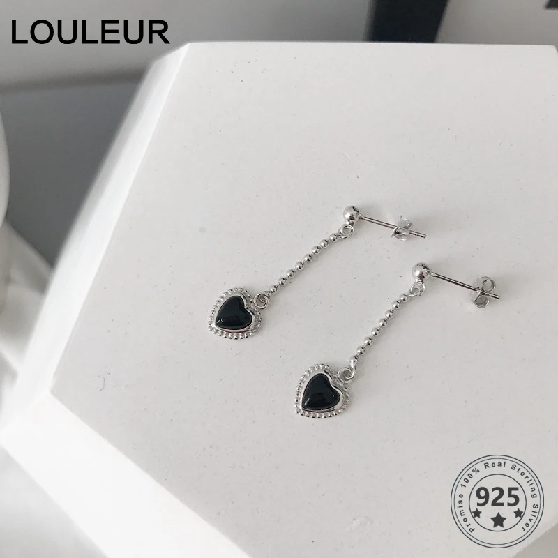 Серьги подвески женские из серебра 925 пробы с черным сердцем|Серьги-подвески| |