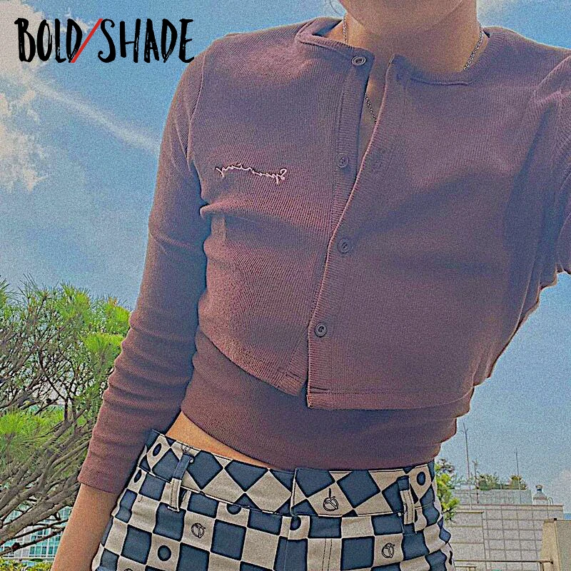 

Bold Shade Grunge 90s Style T Shirt Button Long Sleeve Indie Brown Tee Shirt Navel Long Sleeve Slim Vintage Crop Tops Autumn New