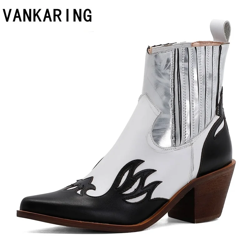 

women boots female autumn winter mixed leather cowboy ankle boots for women pointed toe wedge heel woman booties casual shoes