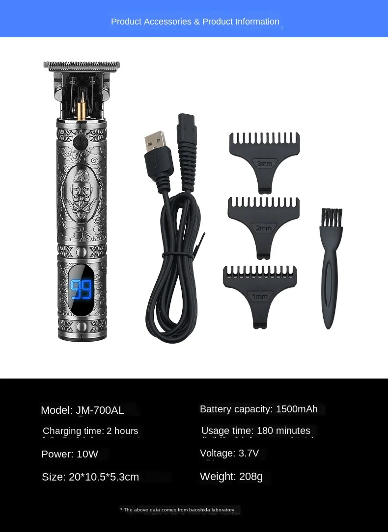 

USB Rechargeable Baldheaded Hair Clipper Electric hair trimmer Cordless Shaver Trimmer 0mm Men Barber Hair Cutting Machine