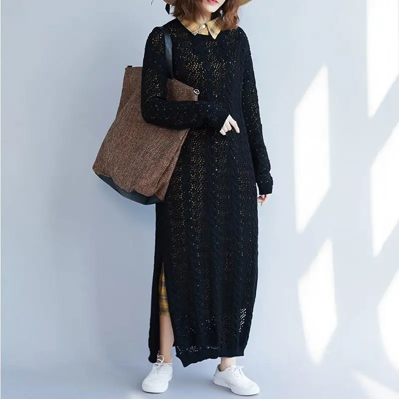 Весенне-осеннее женское свободное платье-свитер с разрезом повседневное