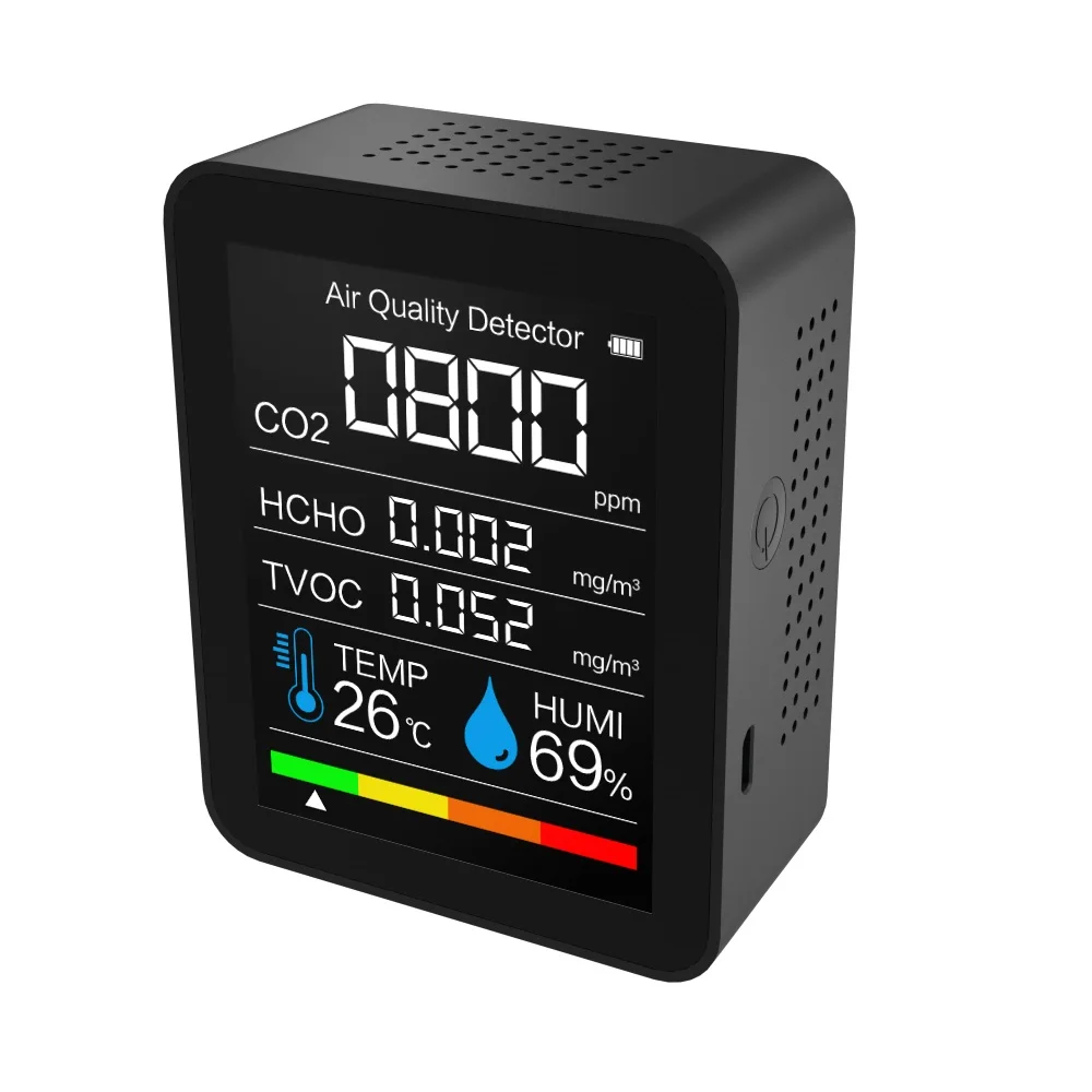 Medidor de Dióxido Qualidade do ar Carbono Sensor Monitor Analisador Tvoc Formaldeído Hcho Detector Temp Humi Analisadores Gás 5 In1 Co2