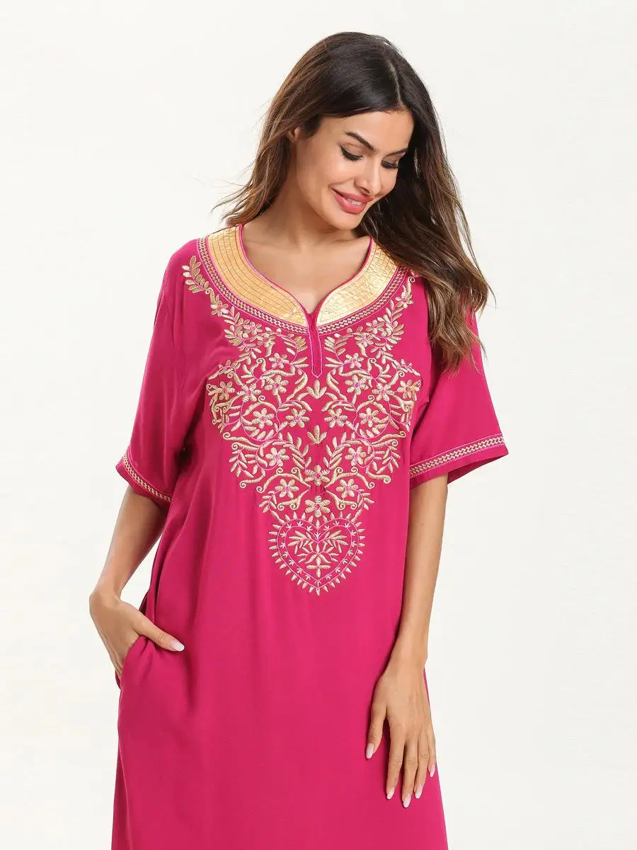 

2019 Summer Women Muslim Short Sleeve Maxi Dress Embroidery Ethnic Casual Loose Kaftan Islamic Turkey Lady Clothing Robe Gown
