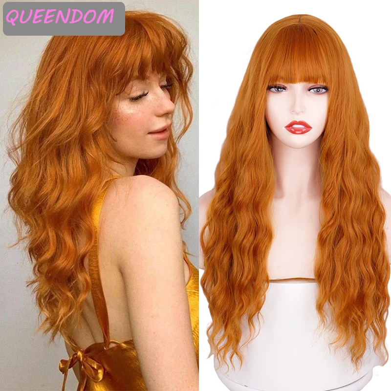 

Long Body Wave Wigs for Women 24inch Ginger Orange Natural Wave Wig Synthetic Heat Resistant Fiber Lolita Cosplay Wig with Bangs