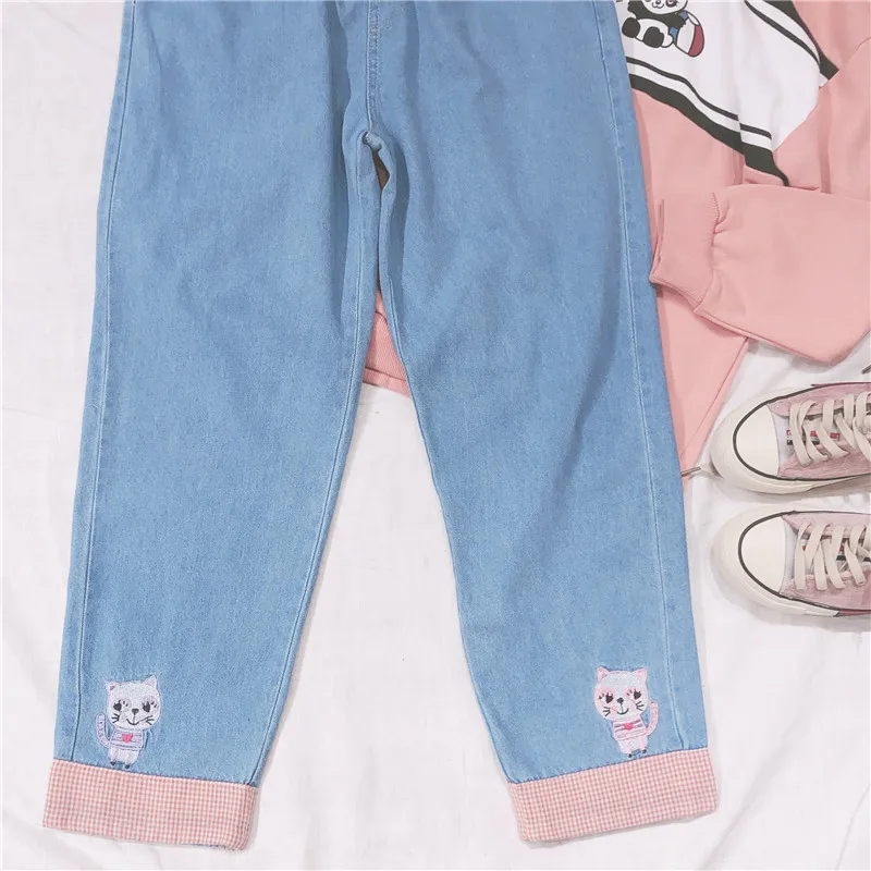 Осенние новые японские Harajuku kawaii Wild свободные джинсы с высокой талией и вышивкой кота женские маленькие свежие штаны для девочек в Корейском стиле