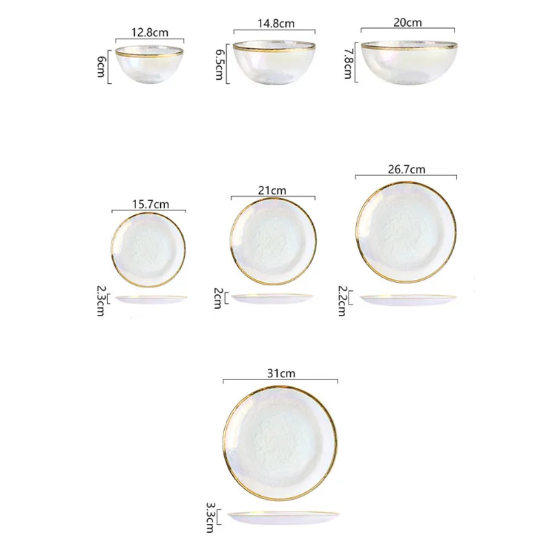 

Colorful Painted Gold Glass Bowl Dish Seven Color Transparent Hammer Grain Dessert Steak Plate Salad Fruit Bowl Dinnerware