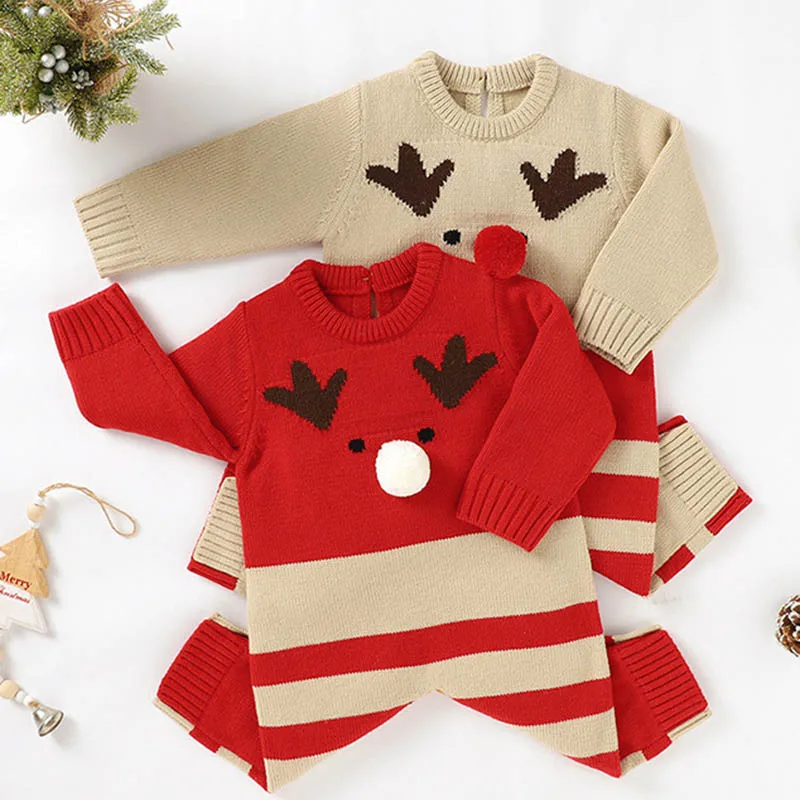 

Осенне-зимняя одежда для маленьких девочек, Рождественский трикотажный комбинезон с длинным рукавом и мультяшным принтом, детские комбине...