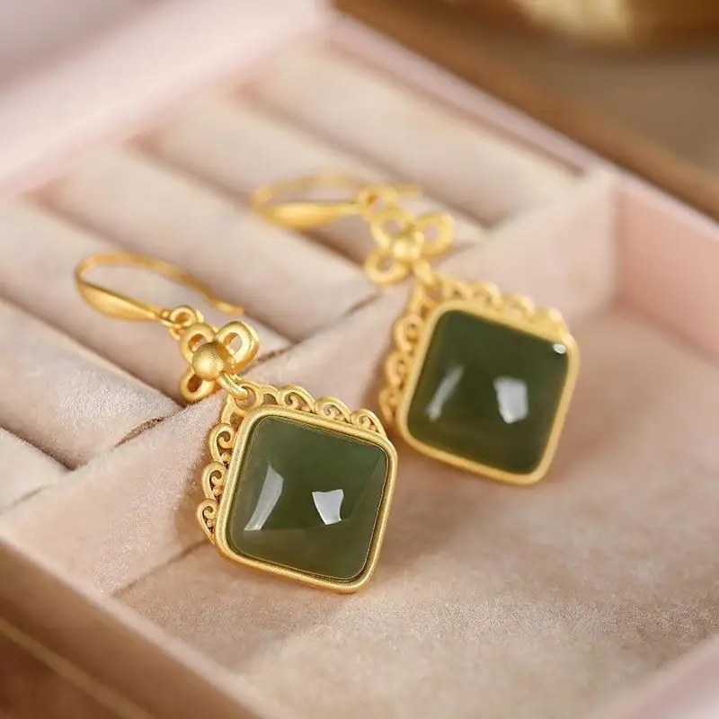 

New S925 Sterling Silver Gold Plated Hetian Jade Gray Jade Personality Pattern Geometric Elegant Earrings for Women Eardrop Earr