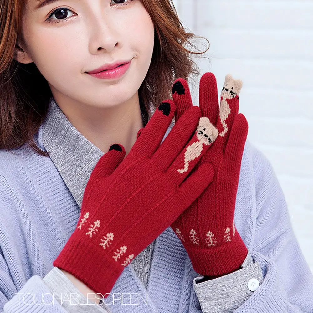 

Милые вязаные плюшевые перчатки с котом, 1 пара, утолщенные теплые мягкие варежки для сенсорного экрана, женские зимние перчатки