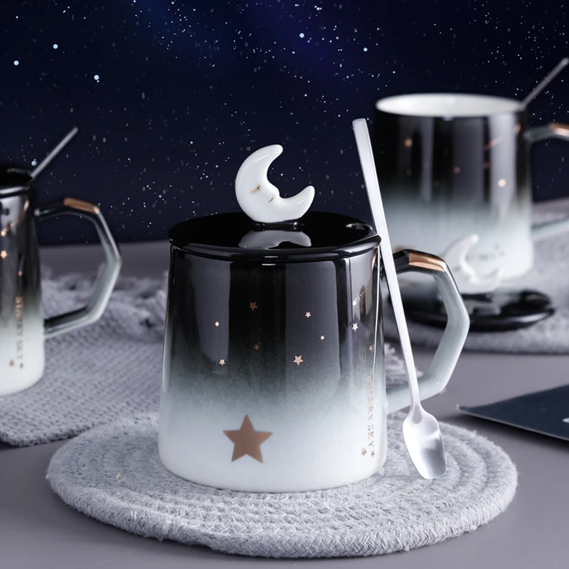 

350 мл Kawaii с изображением галактики чашки Милая керамическая кофейная кружка с крышкой и ложкой Творческий звездное небо завтрак молочный ча...