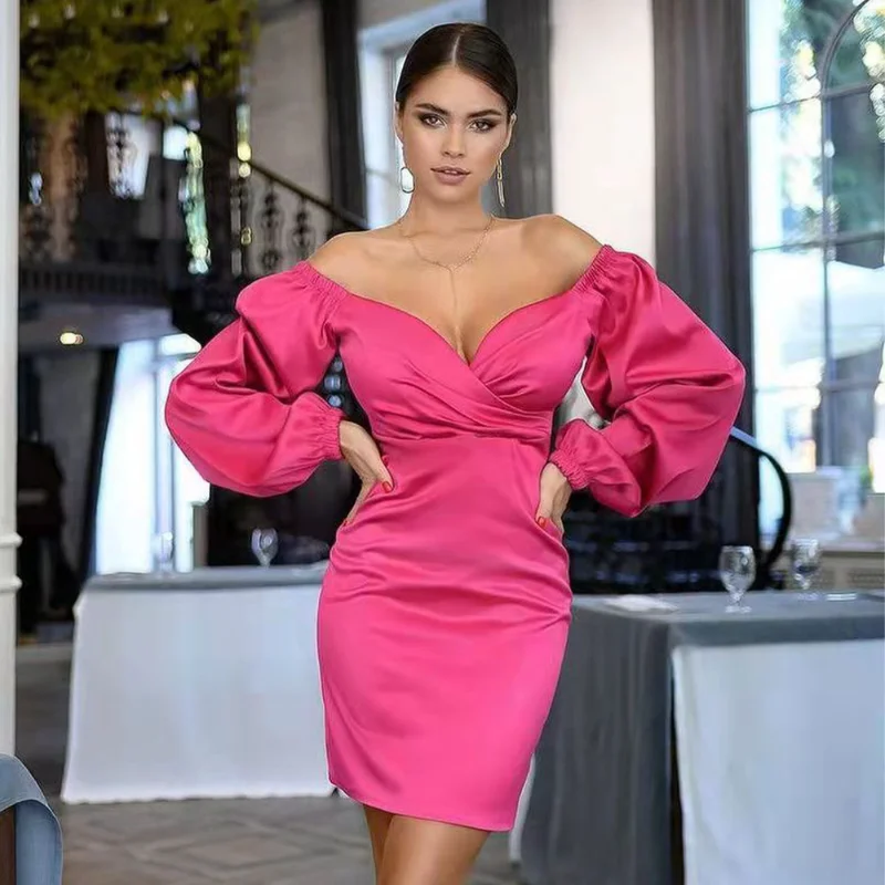 

Party Bodycon Dress for Women Off Shoulder Lantern Sleeves Rose Red Autumn Spring Elegant Fashion Sexy Date Night Gown New 2022