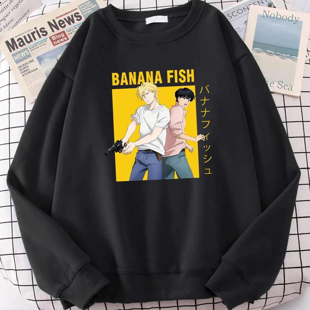 

Женская флисовая толстовка с капюшоном, модное худи с аниме принтом банана, рыбы, ясеня, рыси, Eiji Okumura, с круглым вырезом, свободная флисовая с...