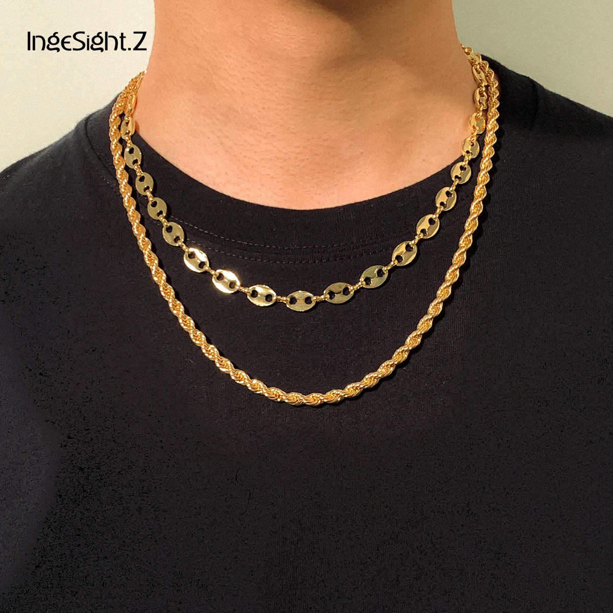 

IngeSight.Z 2Pcs/Set Multi Layered Twisted Metal Rope Chain Choker Necklace Men Vintage Pig Nose Chain Necklaces Collier Jewelry