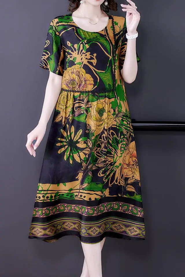 

COIGARSAM 4XL Plus Size Fashion Loose Women dress O-Neck Dresses Green And Yellow 5058