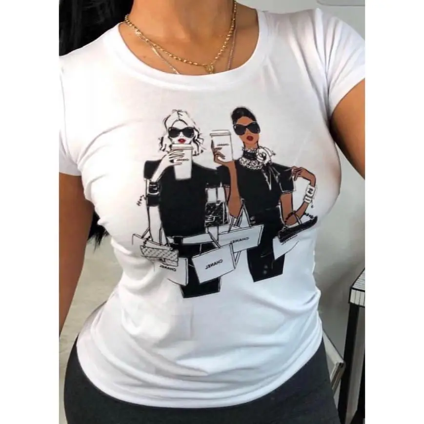 Женская футболка с коротким рукавом круглым вырезом и принтом