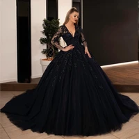 2022 black wedding dresses sequin lace appliques bridal gown with long sleeve lace up princess party plus size vestidos de novia