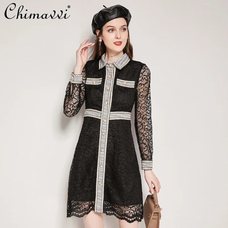 

Dresses for New Year 2022 Spring Women's High Waist Sexy Lace Black Dress Female High Street Single Breasted Casual Dress