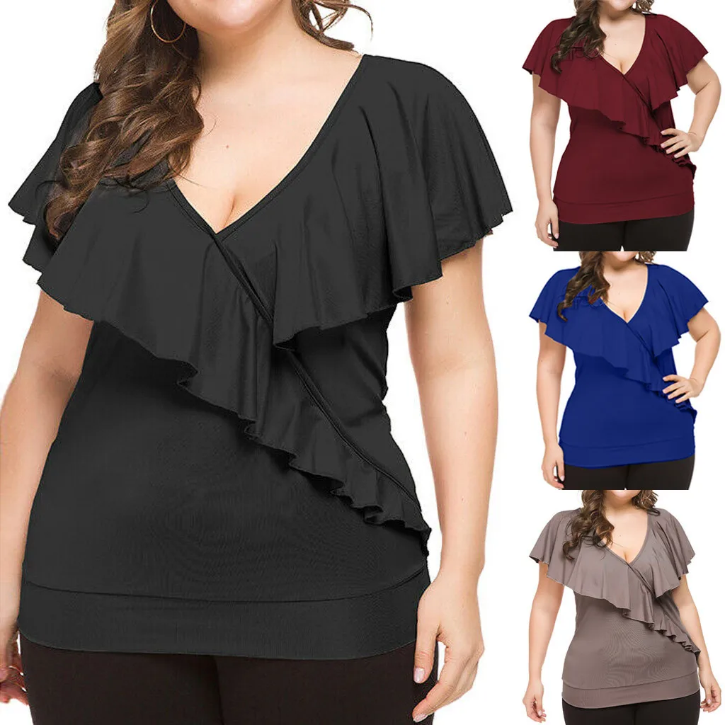 Женская футболка модная повседневная размера плюс с оборками v образным вырезом без рукавов топы Poleras Camiseta