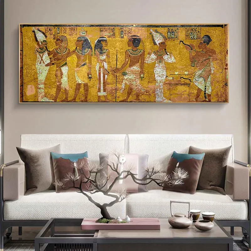 

Printed Egyptian Mural Poster Vintage Large Size Canvas Painting Golden Wall Art Picture Living Room Home Decoration