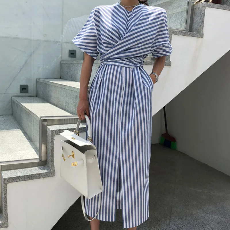 

Korean Women Summer Cotton Blue Striped Bandage Split Long Dress Female Long Bodycon Plus Size Vestido Robe Femme Ete Sukienki