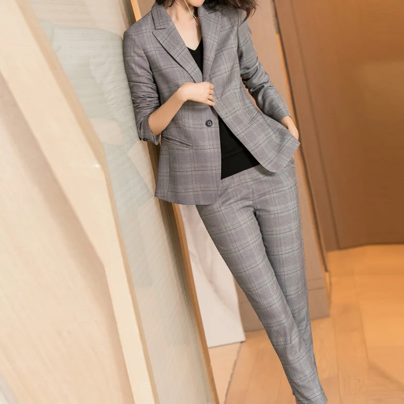 Женский костюм осень 2019 Новый Повседневный модный темперамент Тонкий клетчатый