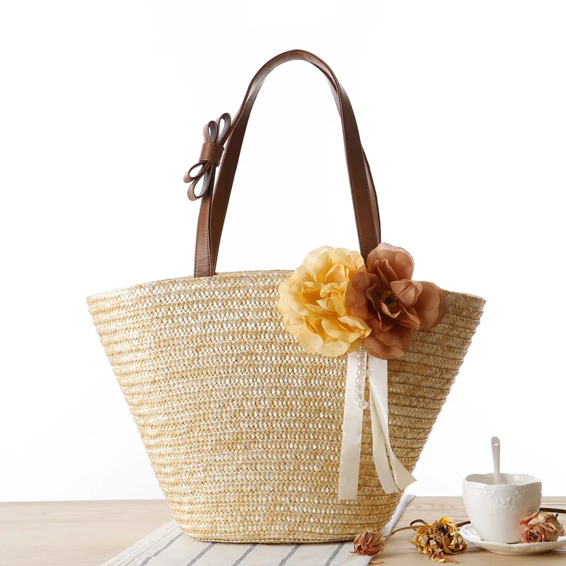

Fashion Style Countryside Two Flowers Woven HandBag Pure Color One Shoulder Hand Beach Women's Tote Reusable Shopping Eco Bag