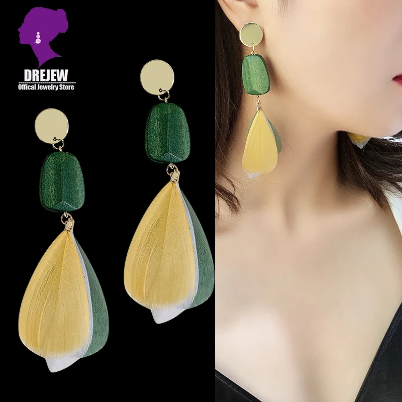 DREJEW Contrast Color Yellow Green Feather Statement Drop Earrings Fashion Long Women's Alloy Dangle Wedding Christmas | Украшения и
