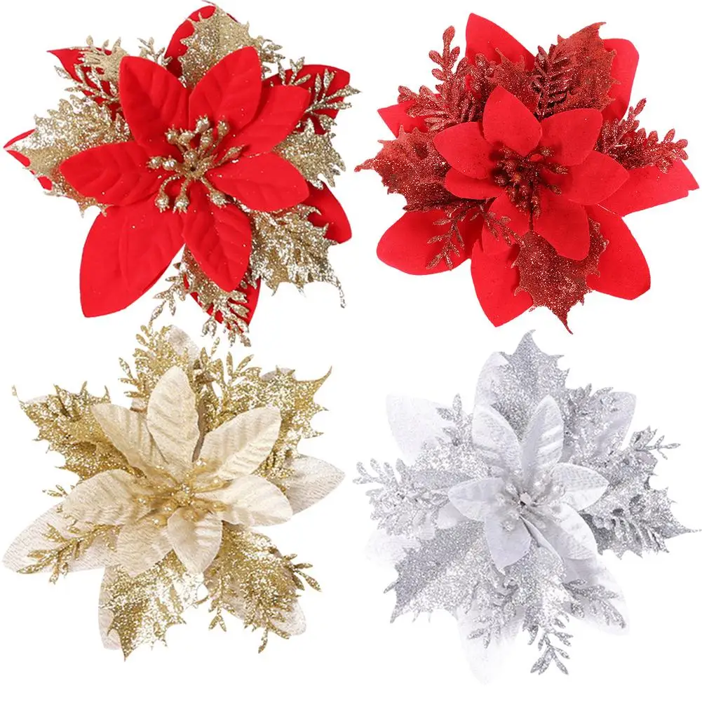 

Glitter Artificial Flowers Merry Christmas Ornaments Christmas Tree Decorations For Home Fake Flower New Year Wedding Party Deco