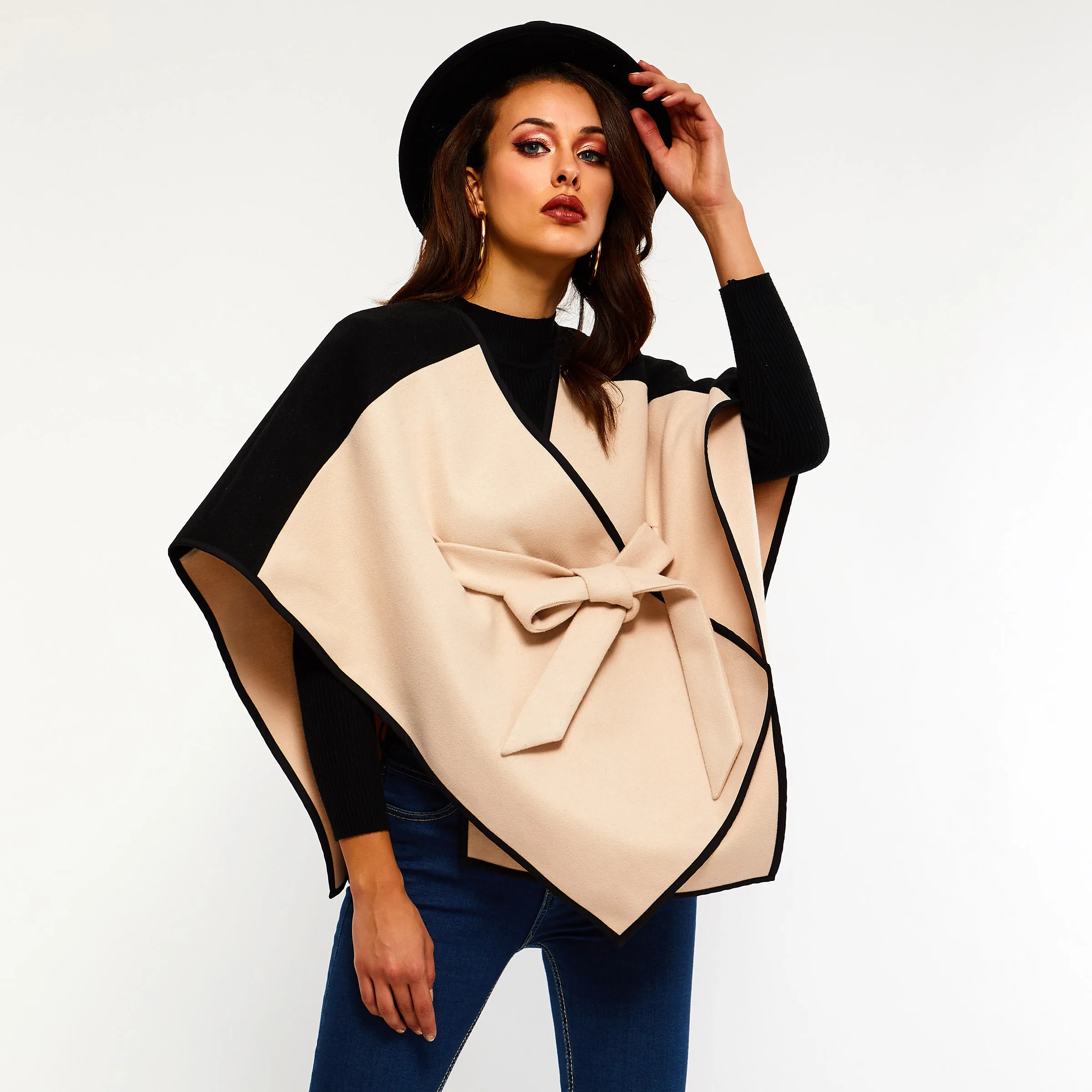 

Women Outwear Capes Autumn Wool Blends 2021 Patchwork Thick Bow Color Block Female Western Outfit Office Lady Tops For Women