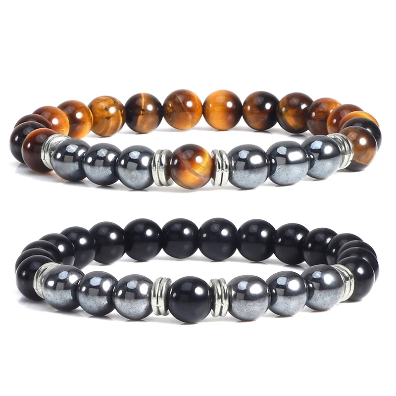 Мужской браслет с натуральным камнем тигровые глаза лава гематит из бисера