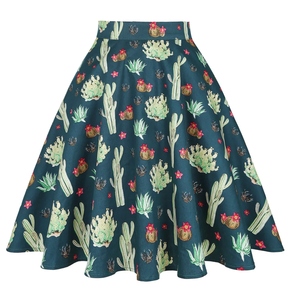 

2021 Women Midi Pleated Skirt Vintage 50s 60s Flower Printed Summer Skirt A Line High Waist Audrey Hepburn Swing Skirts VD0020