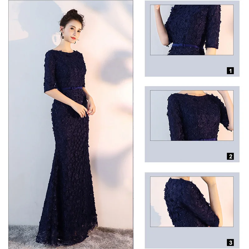 

Mermaid Elegant Evening Dress CR342 O-Neck Half Sleeve Banquet Gowns For Women Appliques Robe De Soiree Navy Blue Formal Vestido